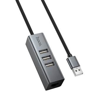 USB-хаб Hoco HB1D 4-in-1 converter(USB to USB2.0*3+RJ45) Gray