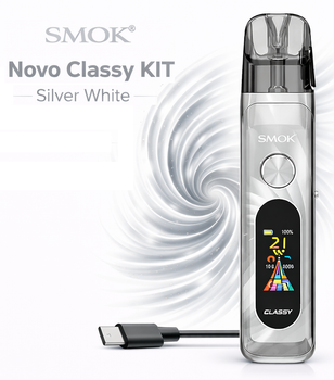 Многоразовая pod-система Smok Novo Classy KIT Silver White вейп Смок Ново алюминиевый сплав 1350мАч до 30Вт серебристая