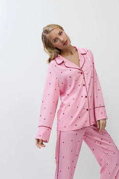 Женская пижама Aruelle cherie pajama long розовая с сердечками на рубашка пуговицах и штаны вискоза домашняя с длинным рукавом XS