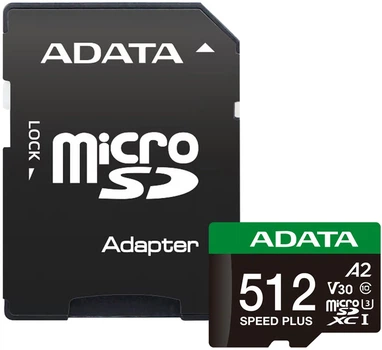 Карта памяти microSD Adata Speed Plus 512GB с адаптером SD (UD512GUI3V30A2SP-RA1)