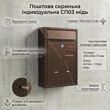 Индивидуальный почтовый ящик СП03 медь (260х380х70 мм) для частных домов и коттеджей