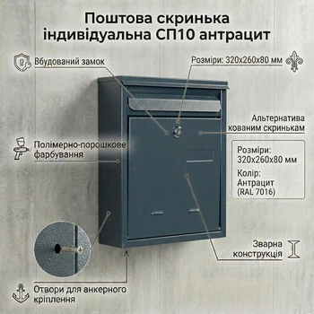 Индивидуальный почтовый ящик СП10 антрацит (260х320х80 мм) для частных домов и коттеджей