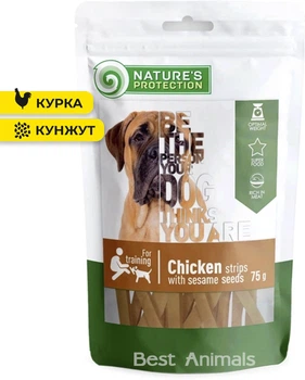 Беззернові ласощі для собак Nature's Protection Chicken Strips with Sesame Seeds Натюр Протекшн для чутливого травлення смужки з курки та кунжута 75 г (4771317461025)