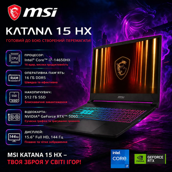 Игровой ноутбук MSI Katana 15 HX i7-14650HX 16 ГБ/512 RTX5060 144 Гц