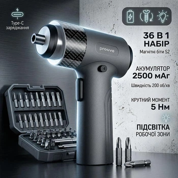 Многофункциональный набор магнитных отверток с насадками Proove Driller 36in1 с подсветкой и кейсом для хранения
