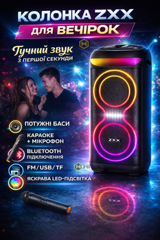 Акустическая переносная колонка ZXX Bluetooth с микрофоном, караоке, FM-радио, USB, TF, AUX, LED-подсветка, TWS