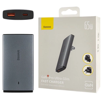 Baseus GaN5 Pro 65W ультратонкий зарядний C+U, сірий, кабель Type‑C/Type‑C 100W (CCGP150113)
