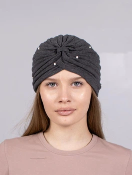 Чалма женская летняя из стрейч хлопка с натуральными жемчужинами D.Hats Тёмно серый
