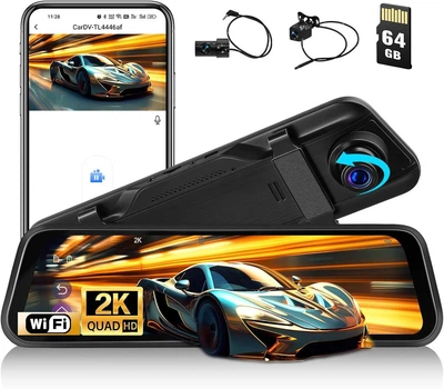 Автомобільний відеореєстратор Camecho 2K у дзеркалі заднього виду 9.66" з 2 камерами, нічним баченням, WiFi, G