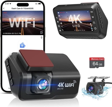 Відеореєстратор CHORTAU 4K+1080P з Wi-Fi, дві камери, екран 3", 64GB