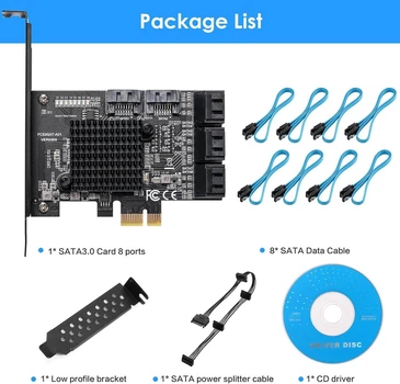 YBBOTT 8-Port SATA 3.0 контролер PCIe 6Gbps з кабелями та низьким профілем для Windows/Ubuntu