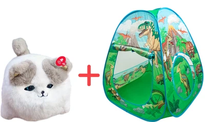 Набір Shantou Yisheng Інтерактивна іграшка пухнастий котик Fluff pets Білий з сірими вушками + Іграшка-намет Динозаври 90х90х90 см (551059311_369753765)