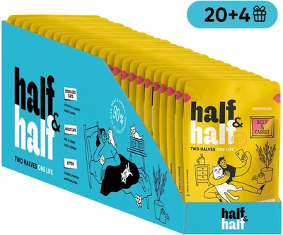 Упаковка влажного корма Half&Half для взрослых кошек кусочки с говядиной и морковью в желе 85 г х 24 шт (2700000065754)