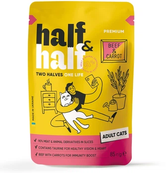 Промонабір вологого корму Half&Half для дорослих котів шматочки з яловичиною та морквою у желе 85 г х 24 шт (2700000065754)