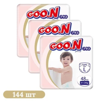 Детские подгузники 144 шт Goo.N Plus размер 4 L (9-14 кг) Детские одноразовые подгузники с индикатором влаги и защитой от протечек Памперсы для детей