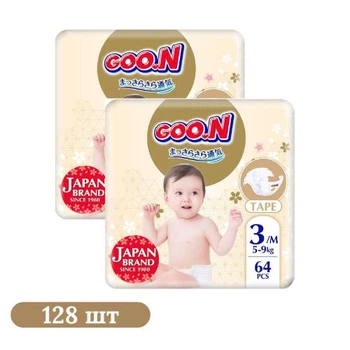 Детские подгузники 128 шт Goo.N Premium Soft размер 3(M) (5-9 кг)