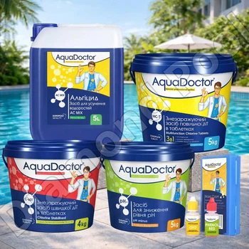 Набір для запуску басейну AquaDoctor 5в1: повний комплект хімічних засобів із тестером (хлор МСТ, альгіцид, pH мінус, швидкий хлор) (2117)
