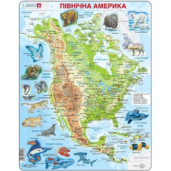 Пазл Larsen рамка-вкладиш Мапа Північної Америки — тваринний світ (A32-UA)