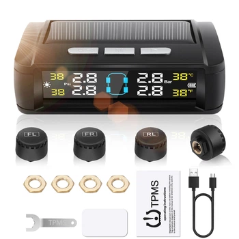 Система контролю тиску в шинах TPMS Solar датчики тиску коліс автомобіля моніторинг температури шин бездротовий дисплей сонячна зарядка USB зовнішні датчики IPX7 автосигналізація тиску цифровий манометр система безпеки для авто TPMS монітор коліс 4 датчик