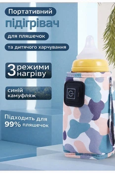Портативный подогреватель для детских бутылочек USB, 3 режима нагрева, универсальный (99% бутылочек), синий камуфляж