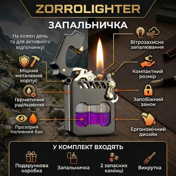 Бензинова запальничка ZorroLighter, 61 × 43 × 13 мм, чорна