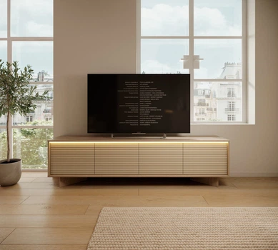 Тумба под ТВ с подсветкой Perfect Home Семи / Semi 4D/204 4-дверная Боливар натуральный/капучино