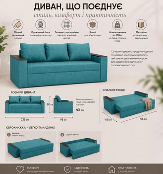 Диван прямой Imi Бостон аква 235х98 см
