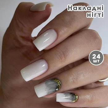 Накладні нігті 24 шт. білі з чорнильною квіткою і золотими блискітками + клей, форма квадрата для манікюру (01910)