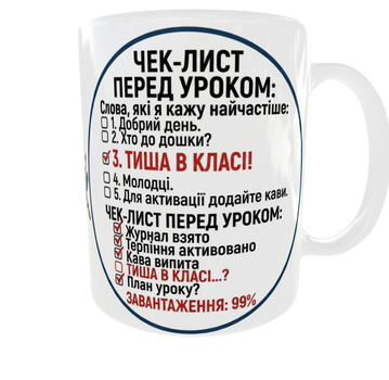Подарунок вчителю кружка 330 мл Чек-лист перед уроком | Прикольна чашка для вчителя, викладача, з гумором