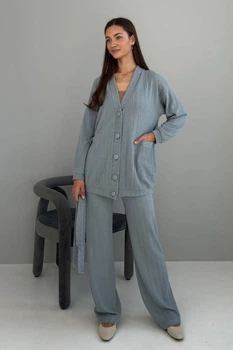 Жіночий фактурний костюм з паском (кардиган+штани) Nenka L Сірий (nenka3261-L)