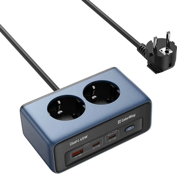 Сетевой фильтр-удлинитель ColorWay 2x220V/1xUSB-A/2xUSB-C (GaN45 Вт) 2м Black (CW-CHE25PDB)
