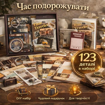 Набор для скрапбукинга “Время путешествовать”, блокнот A6, стикеры, бумага, картинки, наклейки, бумага и вырезки для декора, DIY винтажный набор для кардмейкинга 123 элементов в подарочной упаковке