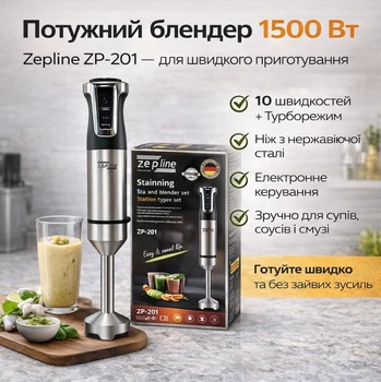 Погружной ручной блендер Zepline ZP-201 с мерной чашей 1500 Вт и 10 скоростей