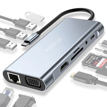 USB Type-C хаб Addap MH-13 для ноутбука, багатофункціональний розгалужувач 11в1: 4×USB 3.0, HDMI, VGA, Ethernet, SD, MicroSD, аудіо 3.5 мм