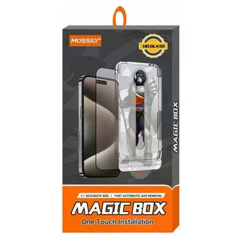 Защитное стекло Mossily Magic Box для iPhone 15 Plus с автопоклейкой 9H (полноэкранное, HD Clear)