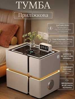 Розумна тумба з бездротовою зарядкою і підсвічуванням Brille 01SZXF Bluetooth колонка Білий