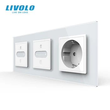 Умный сенсорный проходной диммер LIVOLO 2 сенсора (1-1) с розеткой, белый матовий стекло, 16A 230V, заземление
