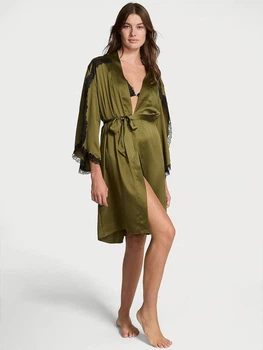 Халат сатиновий Victoria's Secret Very Sexy Satin Rose Lace-Trim Midi Robe M/L Зелений (27178668D)