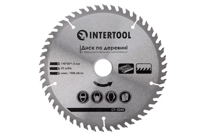 Пильний диск по дереву Intertool 190 мм із твердосплавними напайками, 50 зубів, отвір 30 мм