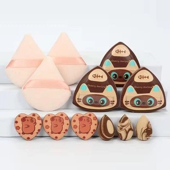 Спонжи для макияжа 12 шт Onigiri Cat, набор спонжей для макияжа разных форм, капучино
