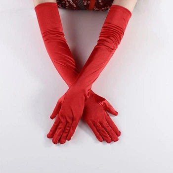 Рукавички атласні жіночі довгі еластичні вище ліктя Silk червоні