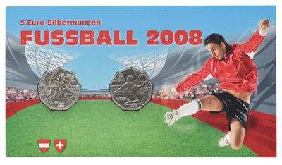 Набор монет Австрия набор из 2 монет по 5 евро 2008 Серебро UNC Чемпионат Европы по футболу 2008 года