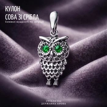 Кулон Сова из серебра с зелеными фианитами