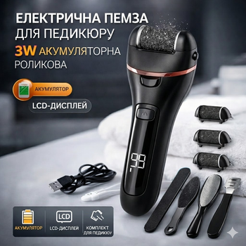 Электрическая пемза для ног OEM 3W аккумуляторная, роликовая пила с LED, 2 скорости, водонепроницаемая + набор для педикюра