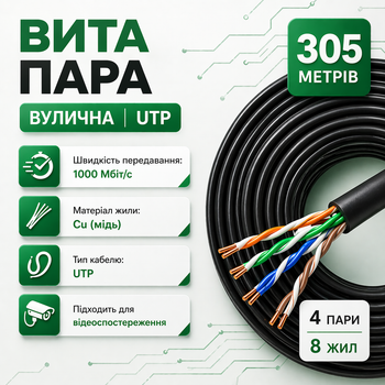 Витая пара CAT5e UTP Одескабель 305 м медная CU черный интернет кабель для улицы и камер