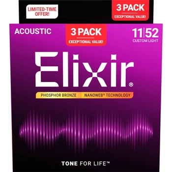 Струны Elixir 16568 Nanoweb Phosphor Bronze 11-52 Custom Light Bonus pack (3 pack)