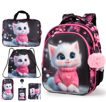 Рюкзак школьный ортопедический 6 в 1 для девочки School Standard 38х30х18 см с Котом для первоклассниц (SET 150-32)