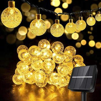 Сонячна гірлянда 50 LED-кульок — довжина 9.5 м, тепле біле світло, IP65, датчик сутінків, для саду, тераси
