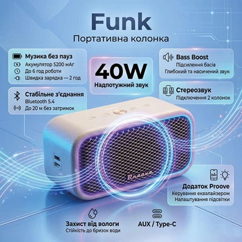 Портативна Бездротова Bluetooth Колонка Акустика Proove Funk 40W |BT5.4, TWS, AUX, 6h| beige