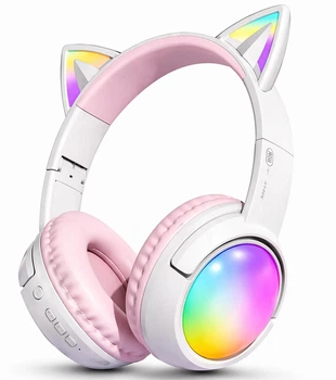 Беспроводные наушники с кошачьими ушками CATEAR SY-R2, RGB-подсветка, Bluetooth 5.4, микрофон, AUX / microSD, Розовые